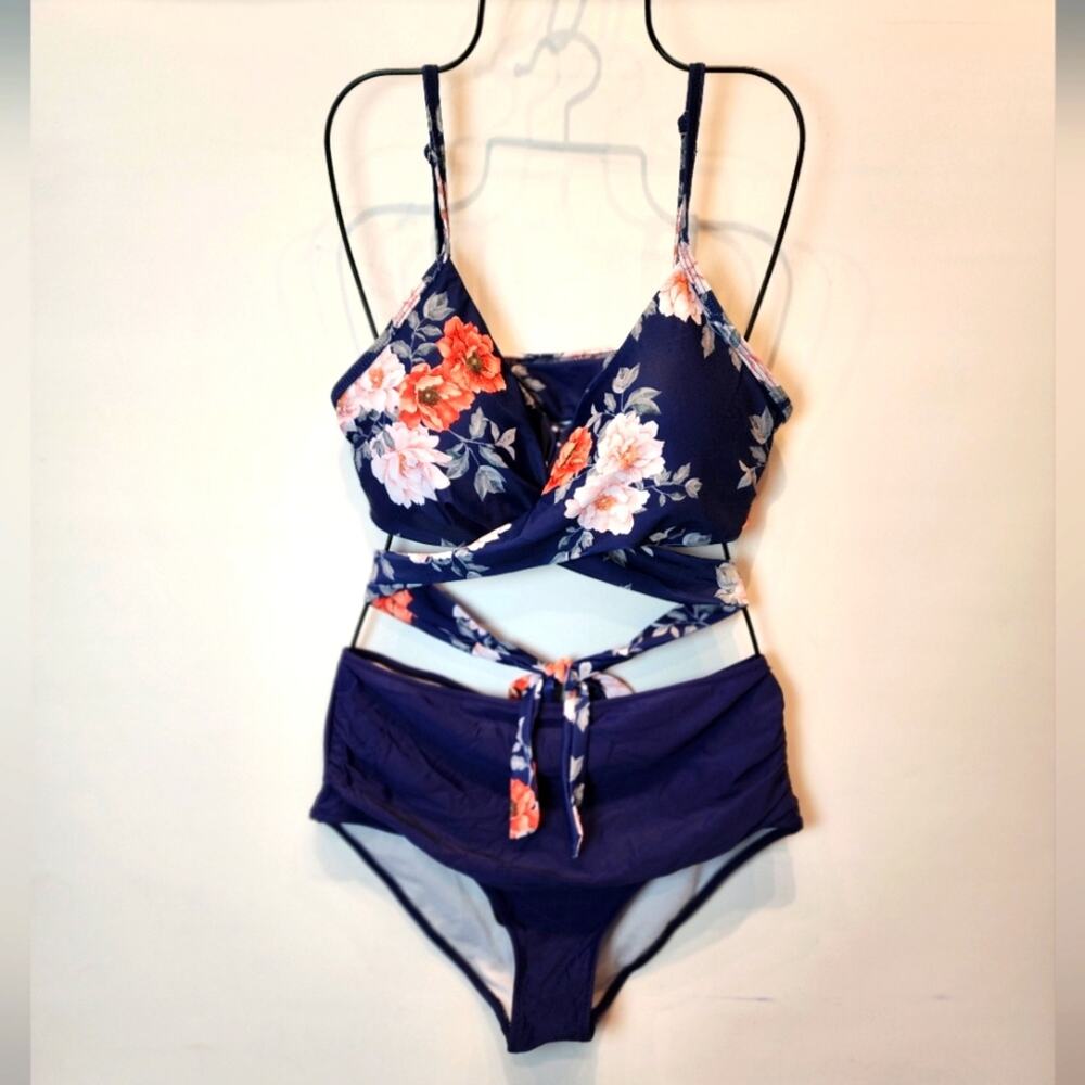 New Navy Floral Criss‎ Cross Bikini Tropical High Waist Swimsuit 578 Size XL